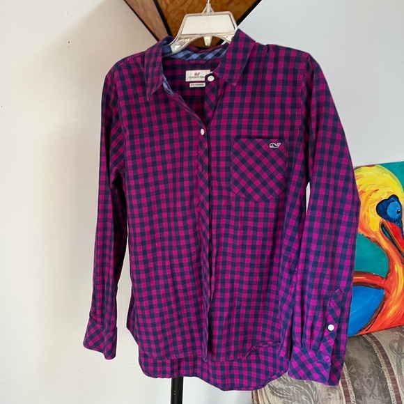 Vineyard Vines Tops - Vineyard Vines Fuchsia and Navy Plaid Cashmere Blend Shirt Sz 10